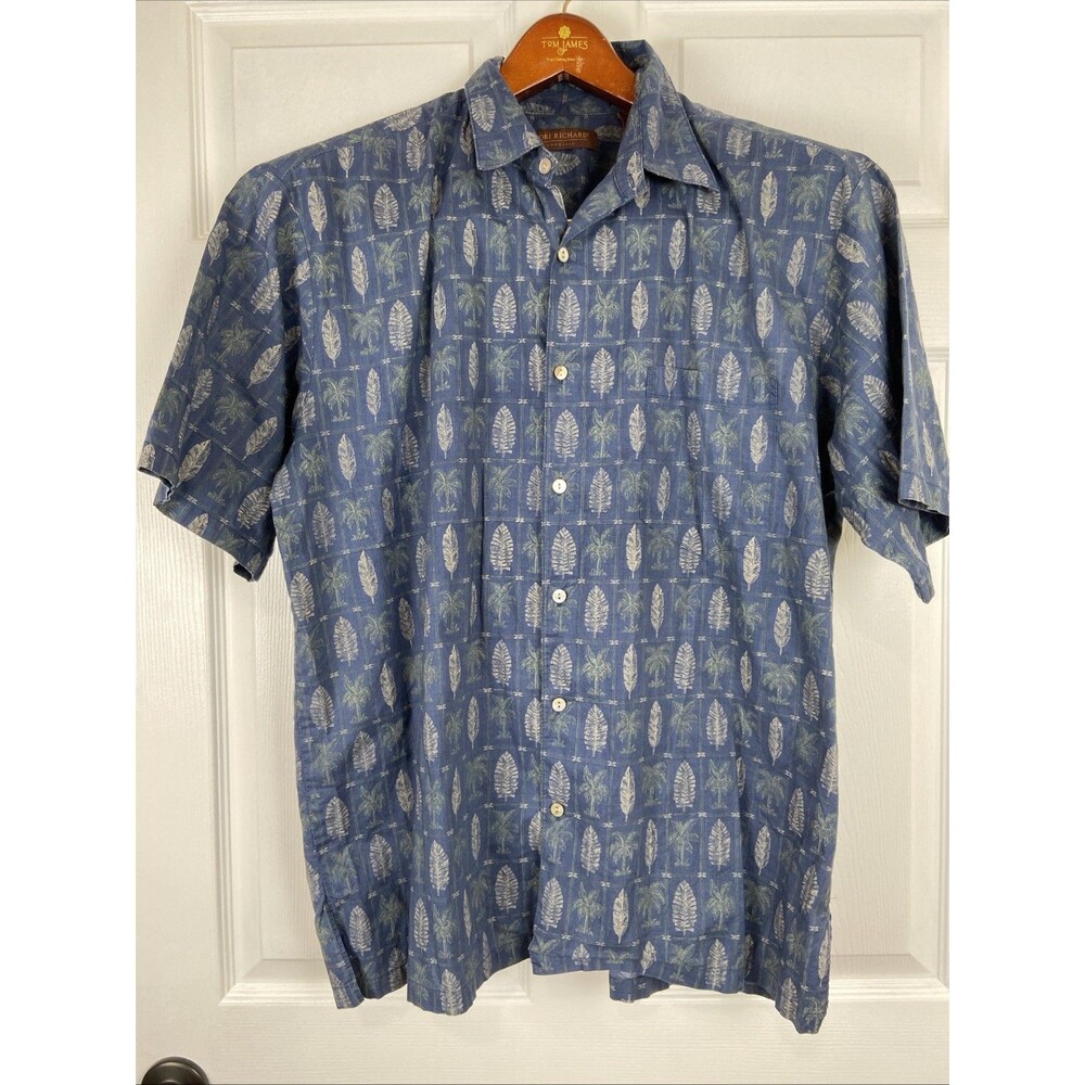 Vintage Tori Richard Blue Palms Trees Hawaiian Short Sleeve Shirt Size XL